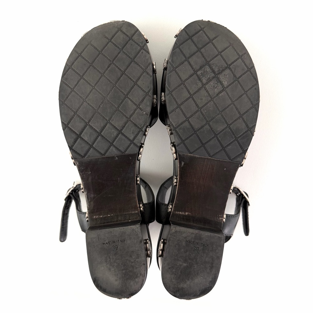 CHANEL | Camellia Logo Wood Platform Clog Sandals Black Calfskin Ankle Strap 39 - Picture 12 of 13